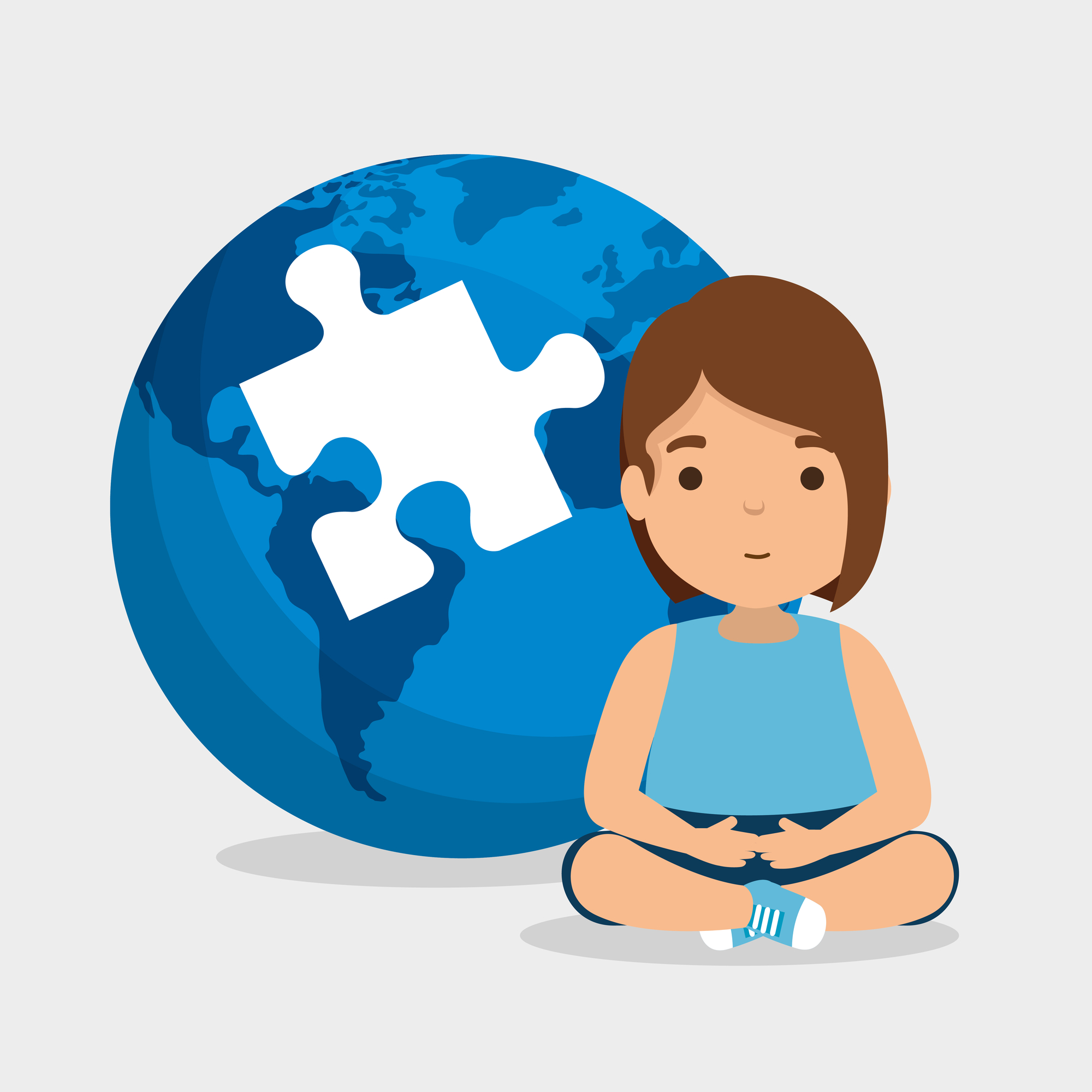 girl with puzzle inside global map to autism day vector illustration