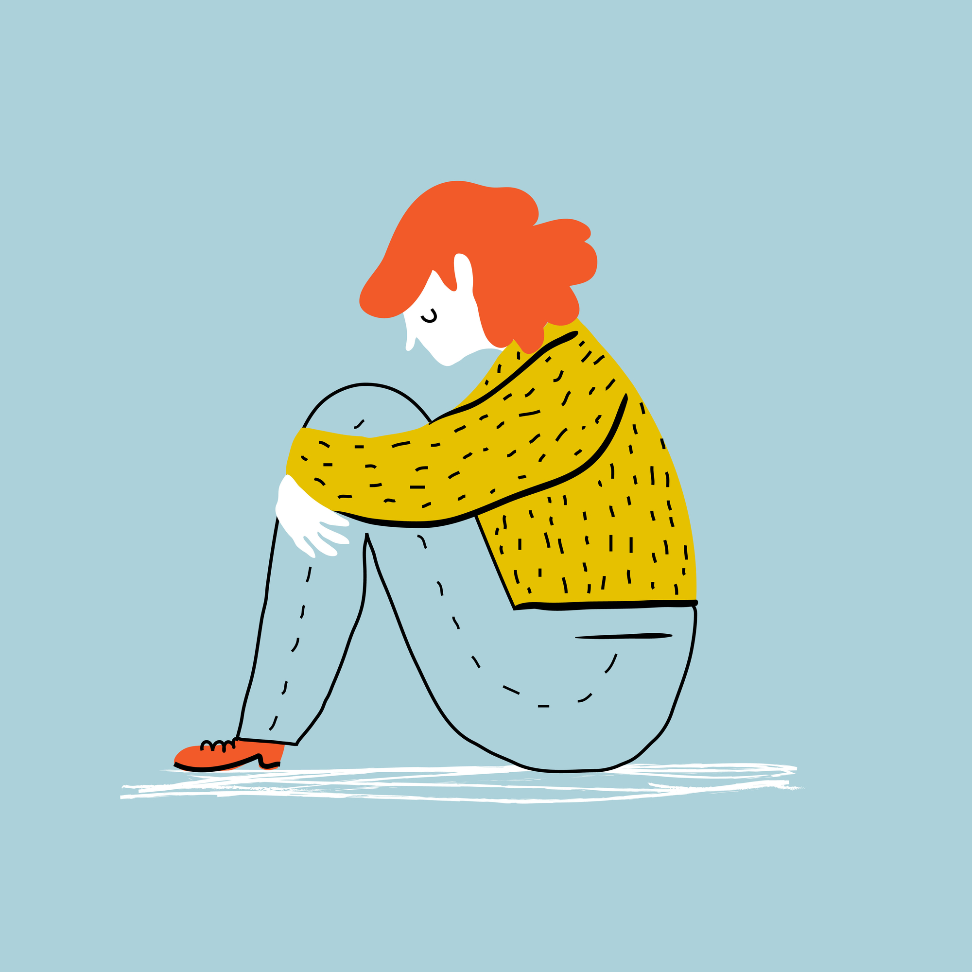 Sad and depressed girl  sitting on the floor. Creative vector illustration.